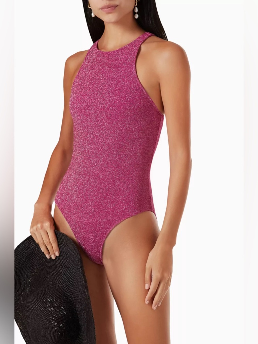 Good American 2 Hawiian Pink Sparkle High Neck One Piece Swim Swimsuit Racerback - Picture 2 of 15